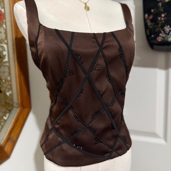 VTG Y2K Sandra Darren Dark Brown & Black Beaded Abstract Tank Top 8/M - Picture 2 of 8